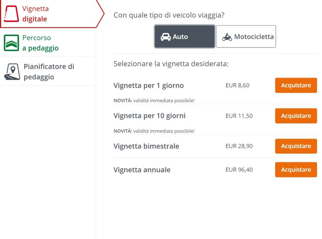 paginadello shop online asfinag per l'acquisto della vignetta