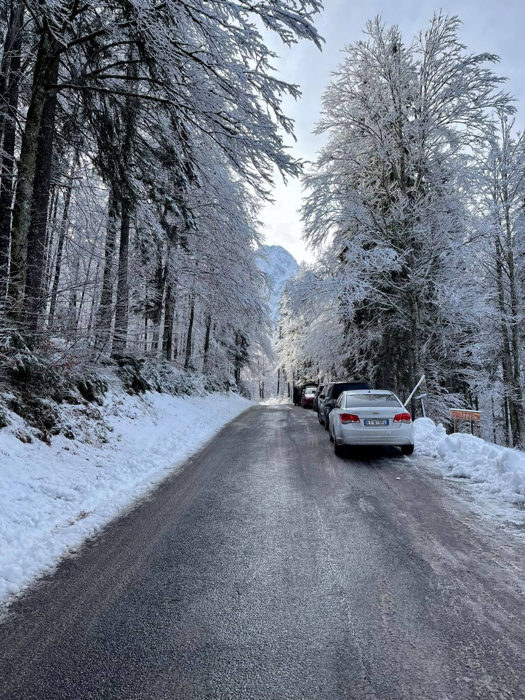 macchine parcheggiate lungo la strada che conduce ai laghi di fusine