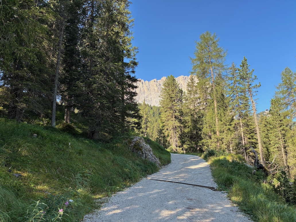 forestale all'ombra all'inizio dell'escursione da plan de gralba al passo sella